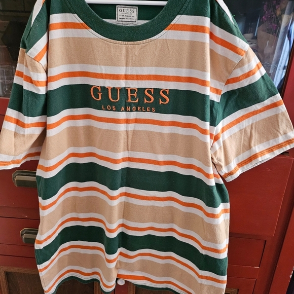 GUESS Vintage Striped Green and Orange T-Shirt - Picture 2 of 3